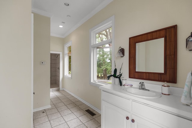 109 Royal Highlands Ln, Dothan, AL 36305 - full bathroom featuring crown molding, vanity, a tile shower, tile patterned flooring, and recessed lighting