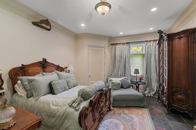 109 Royal Highlands Ln, Dothan, AL 36305 - bedroom with stone tile floors, ornamental molding, and recessed lighting