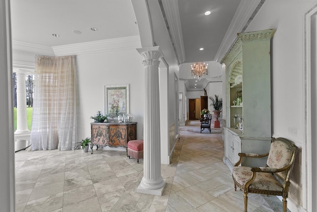 109 Royal Highlands Ln, Dothan, AL 36305 - hall with decorative columns, crown molding, a chandelier, and recessed lighting