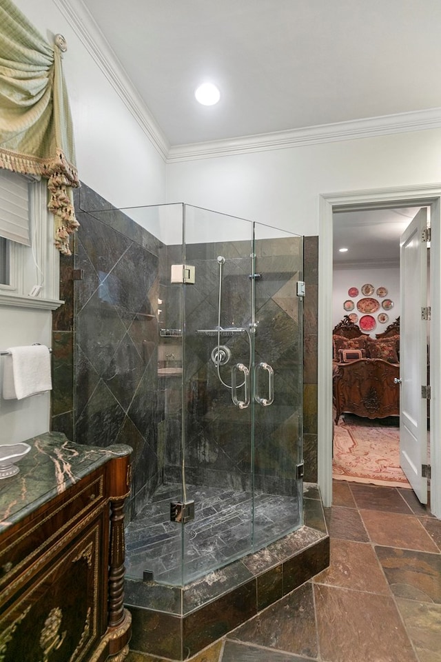 109 Royal Highlands Ln, Dothan, AL 36305 - bathroom featuring crown molding, ensuite bath, a shower stall, vanity, and stone finish floors