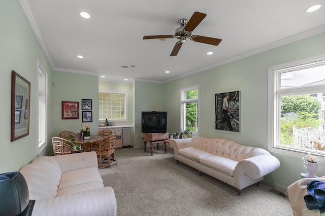 109 Royal Highlands Ln, Dothan, AL 36305 - living room with light carpet, recessed lighting, crown molding, and ceiling fan