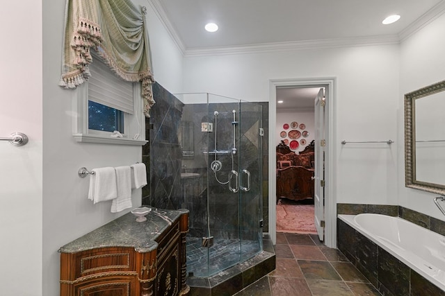 109 Royal Highlands Ln, Dothan, AL 36305 - full bathroom with a garden tub, ornamental molding, a stall shower, stone finish flooring, and recessed lighting