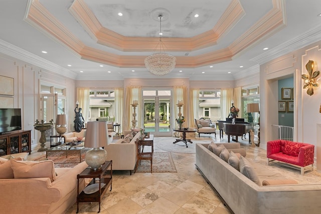 109 Royal Highlands Ln, Dothan, AL 36305 - living area with a raised ceiling, french doors, crown molding, a high ceiling, and recessed lighting