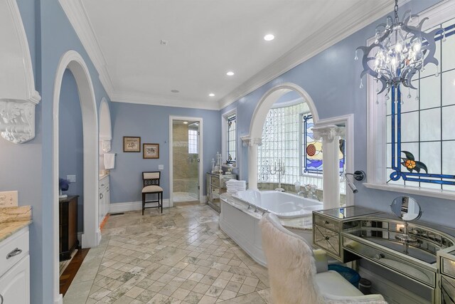 109 Royal Highlands Ln, Dothan, AL 36305 - bathroom with vanity, a bath, ornamental molding, a walk in shower, and a chandelier