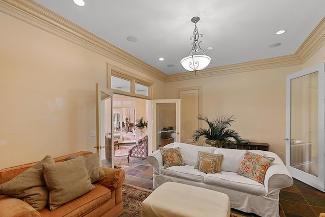 109 Royal Highlands Ln, Dothan, AL 36305 - living room featuring french doors, ornamental molding, recessed lighting, and dark stone finish floors