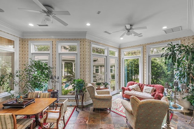 109 Royal Highlands Ln, Dothan, AL 36305 - sunroom featuring ornamental molding, wallpapered walls, stone tile floors, and recessed lighting