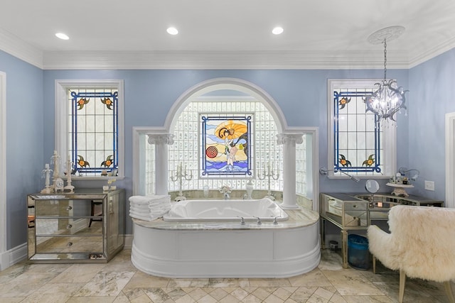 109 Royal Highlands Ln, Dothan, AL 36305 - full bathroom with healthy amount of natural light, a garden tub, a chandelier, crown molding, and vanity