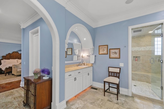109 Royal Highlands Ln, Dothan, AL 36305 - full bathroom with vanity, a shower stall, crown molding, and connected bathroom