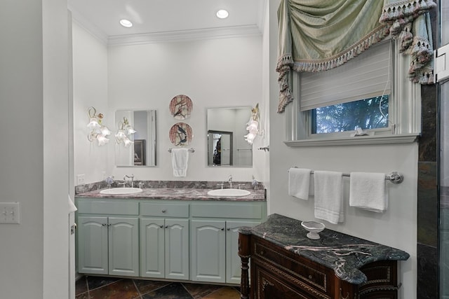 109 Royal Highlands Ln, Dothan, AL 36305 - bathroom featuring ornamental molding, double vanity, stone finish floors, and recessed lighting