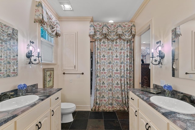 109 Royal Highlands Ln, Dothan, AL 36305 - full bath featuring two vanities, a shower with curtain, ornamental molding, and tile patterned flooring