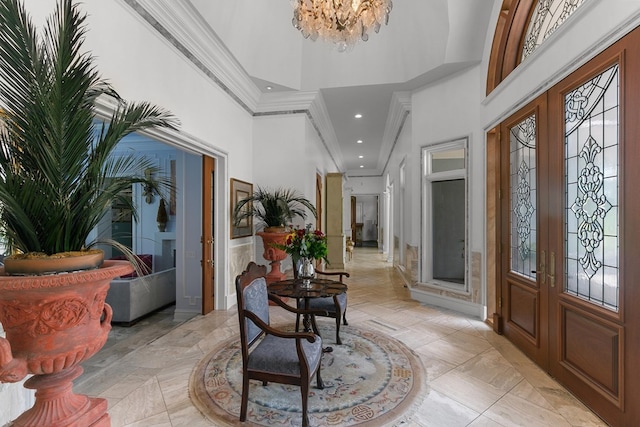 109 Royal Highlands Ln, Dothan, AL 36305 - entryway featuring a high ceiling, ornamental molding, a chandelier, and recessed lighting