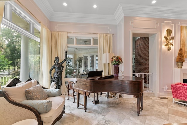 109 Royal Highlands Ln, Dothan, AL 36305 - living area featuring crown molding, healthy amount of natural light, recessed lighting, and a fireplace