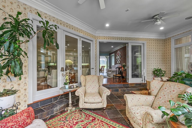 109 Royal Highlands Ln, Dothan, AL 36305 - sunroom / solarium featuring ceiling fan, crown molding, wallpapered walls, stone finish flooring, and recessed lighting