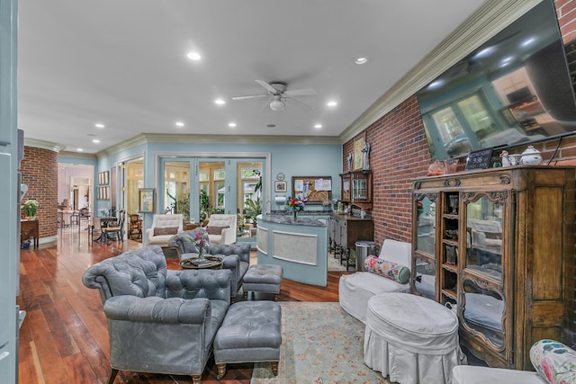 109 Royal Highlands Ln, Dothan, AL 36305 - living room featuring crown molding, brick wall, a ceiling fan, hardwood / wood-style floors, and recessed lighting