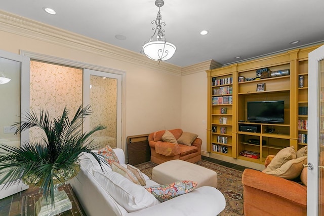 109 Royal Highlands Ln, Dothan, AL 36305 - living room featuring ornamental molding, recessed lighting, and built in shelves