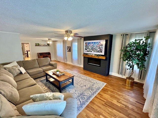 601 6th Ave, Ashford, AL 36312 - living area with a large fireplace, a textured ceiling, ceiling fan, wood finished floors, and crown molding