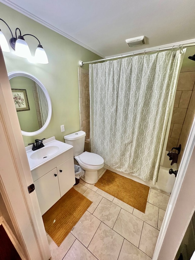 601 6th Ave, Ashford, AL 36312 - full bath featuring vanity, shower / bath combo with shower curtain, tile patterned flooring, and ornamental molding