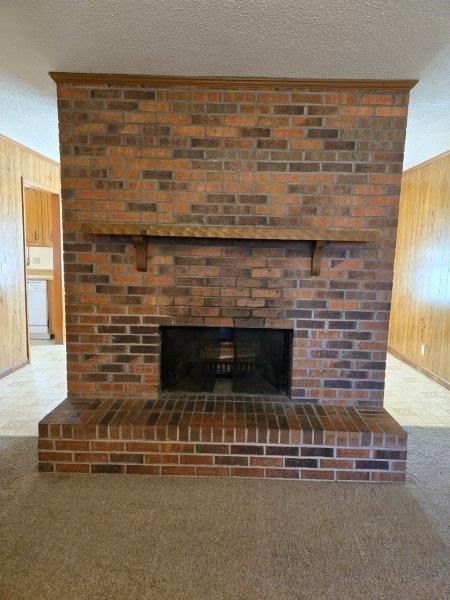 interior details with carpet floors, a fireplace, a textured ceiling, and wooden walls