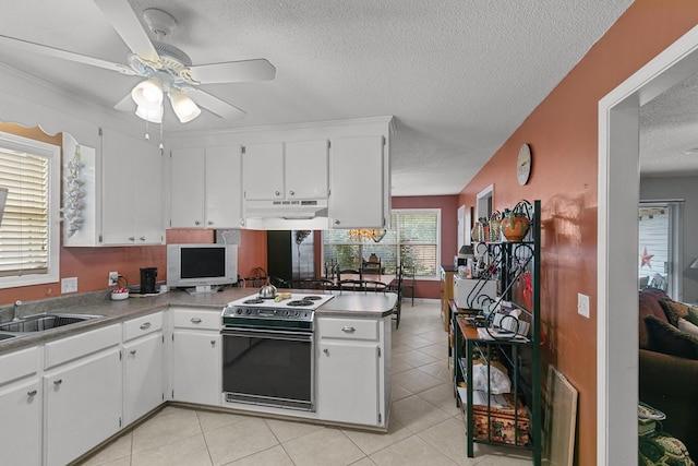 303 Denise St, Dothan, AL 36305 - kitchen featuring electric range, under cabinet range hood, a textured ceiling, ceiling fan, and white cabinetry