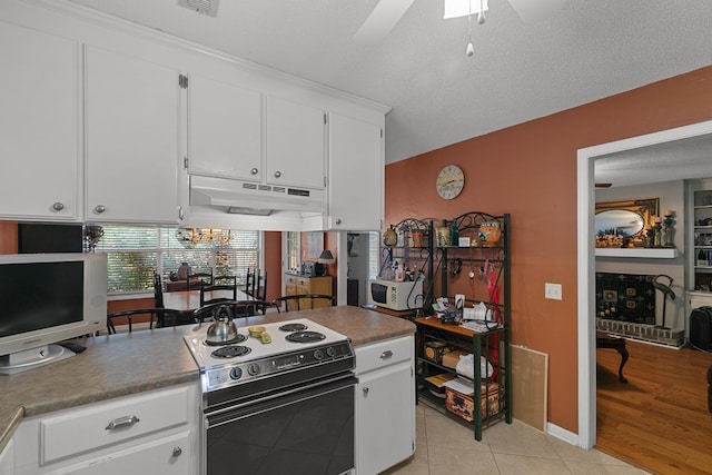 303 Denise St, Dothan, AL 36305 - kitchen featuring range with electric cooktop, under cabinet range hood, white microwave, ceiling fan, and white cabinets