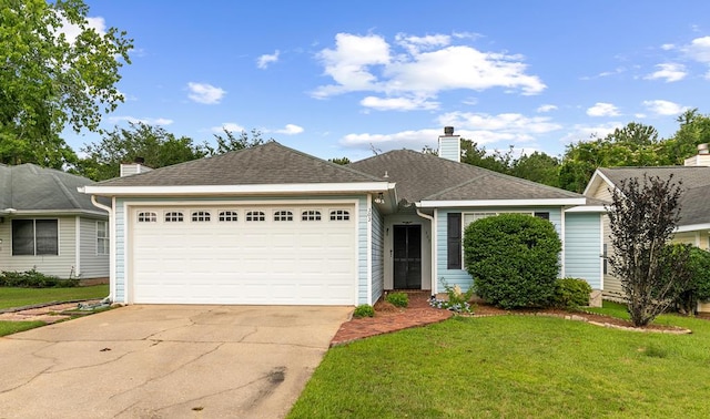 303 Denise St, Dothan, AL 36305 - ranch-style house featuring a chimney, concrete driveway, a front yard, a garage, and a shingled roof