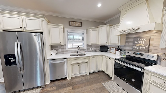 kitchen with tasteful backsplash, premium range hood, ornamental molding, stainless steel appliances, and sink