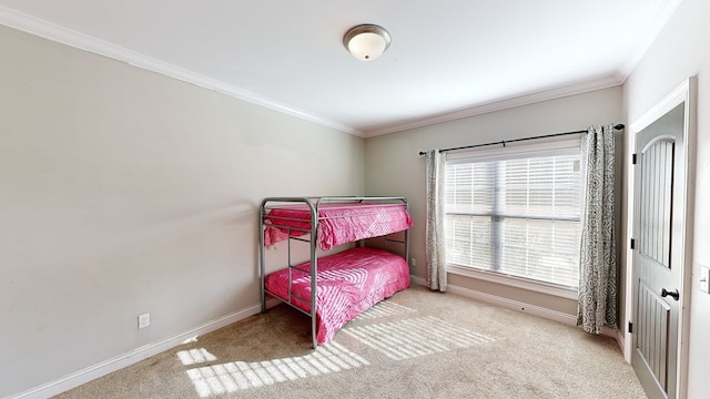 carpeted bedroom with crown molding