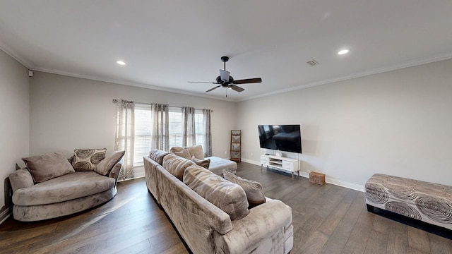 living room featuring ornamental molding, ceiling fan, and dark wood-type flooring