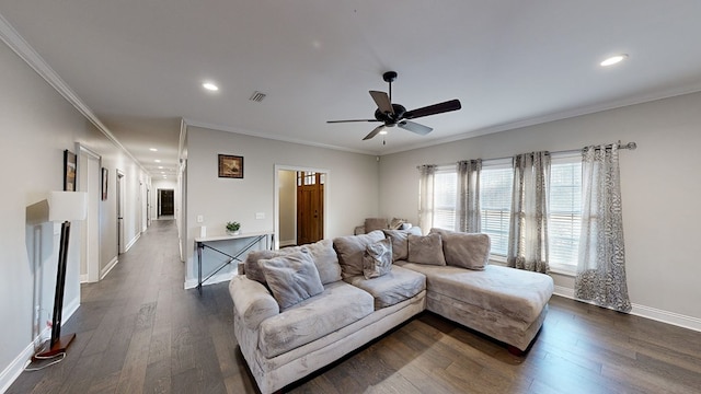 living room with ceiling fan, crown molding, and dark hardwood / wood-style floors