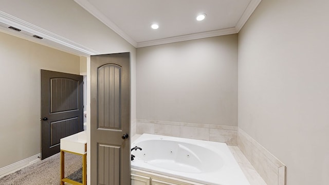 bathroom with a tub to relax in and crown molding