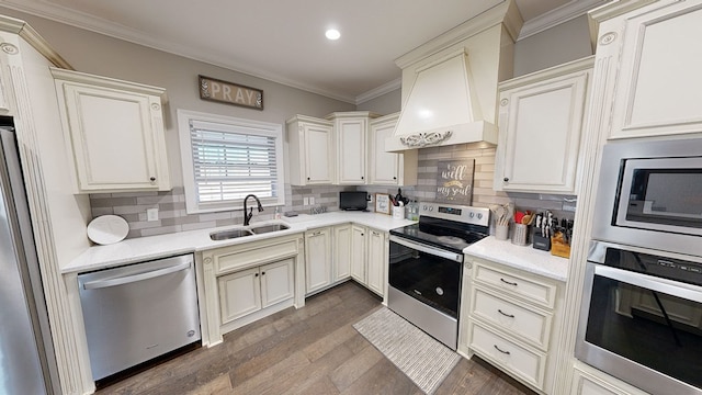 kitchen featuring sink, stainless steel appliances, crown molding, decorative backsplash, and custom range hood