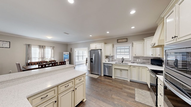 kitchen featuring light stone countertops, decorative backsplash, stainless steel appliances, sink, and plenty of natural light