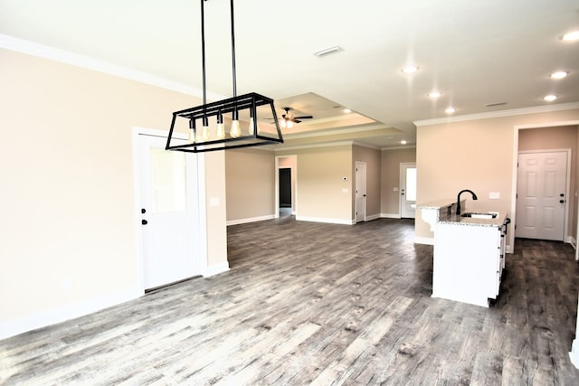 5120 Judge Logue Rd, Newton, AL 36352 - kitchen with ornamental molding, light stone counters, dark wood-style flooring, open floor plan, and recessed lighting