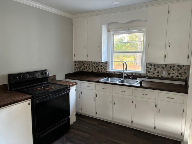 kitchen featuring tasteful backsplash, white cabinetry, sink, and black electric range oven