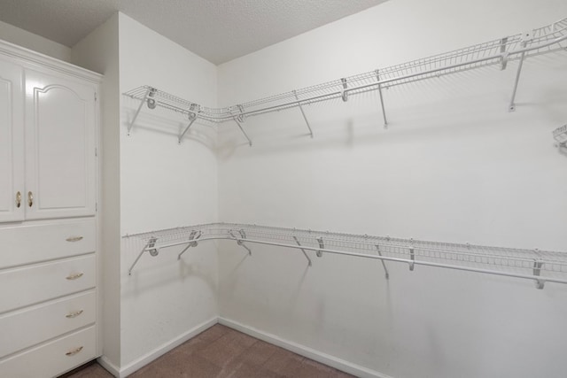 spacious closet featuring dark carpet