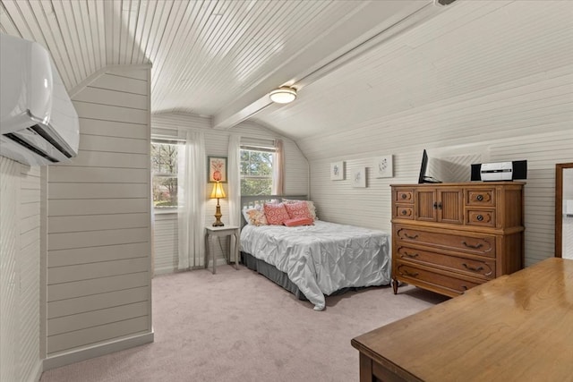 bedroom with lofted ceiling with beams, carpet floors, and a wall mounted air conditioner