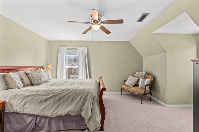 bedroom featuring baseboards, visible vents, a ceiling fan, light colored carpet, and lofted ceiling