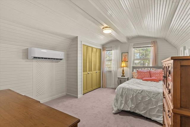 bedroom with lofted ceiling with beams, a wall mounted AC, and carpet flooring