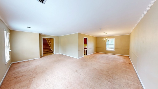 unfurnished room featuring crown molding, baseboards, stairs, and a chandelier