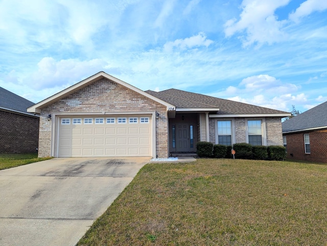 ranch-style home featuring brick siding, roof with shingles, concrete driveway, a front yard, and a garage