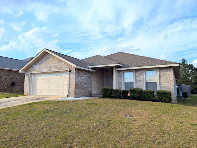 ranch-style house with brick siding, central air condition unit, a garage, driveway, and a front lawn