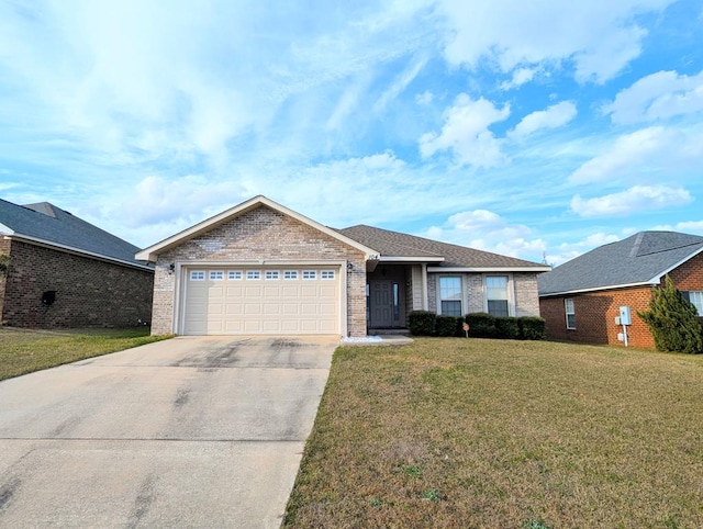 ranch-style home featuring driveway, brick siding, a front lawn, and an attached garage