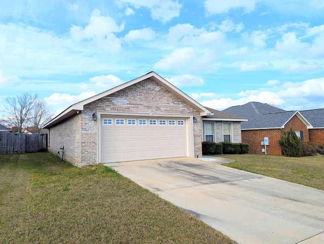 ranch-style house featuring a garage, brick siding, fence, driveway, and a front lawn