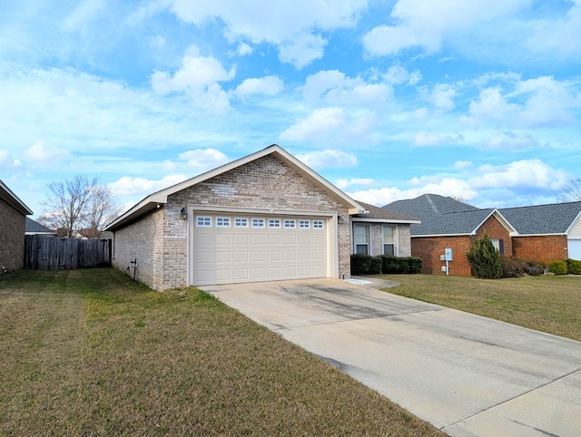 ranch-style home with brick siding, an attached garage, fence, driveway, and a front lawn