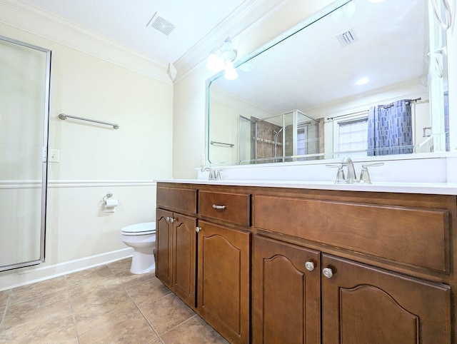 bathroom featuring toilet, a stall shower, visible vents, and crown molding