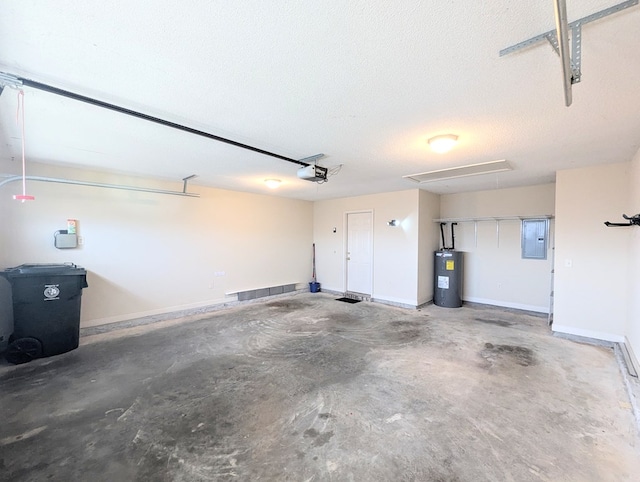 garage featuring water heater, baseboards, electric panel, and a garage door opener