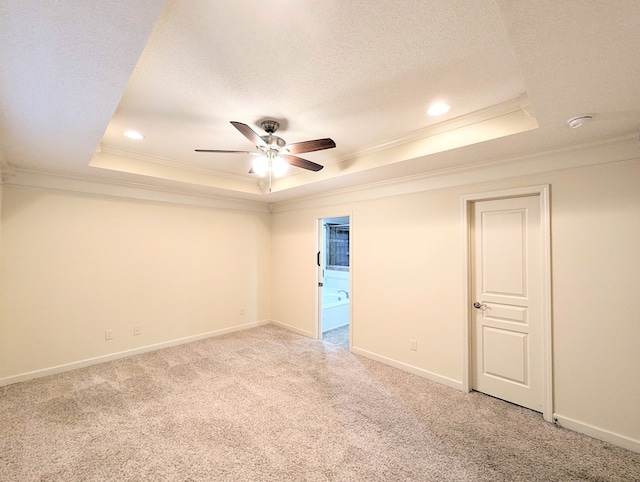 empty room with light carpet, a tray ceiling, a textured ceiling, and ornamental molding