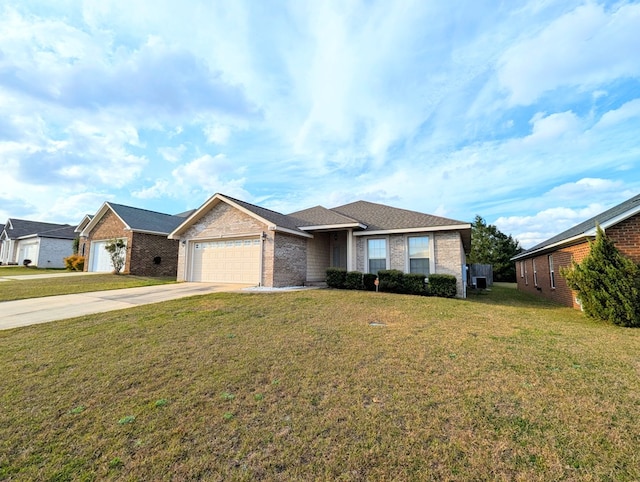 ranch-style home with driveway, an attached garage, a front lawn, and brick siding