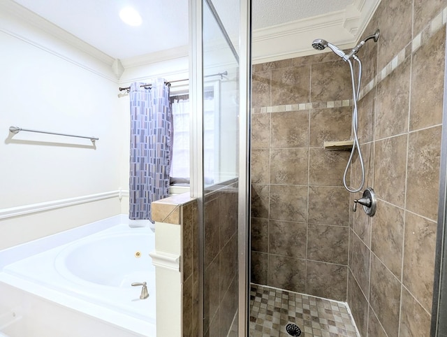 bathroom with ornamental molding, a stall shower, and a garden tub