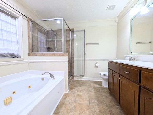 full bathroom featuring a stall shower, visible vents, toilet, crown molding, and vanity